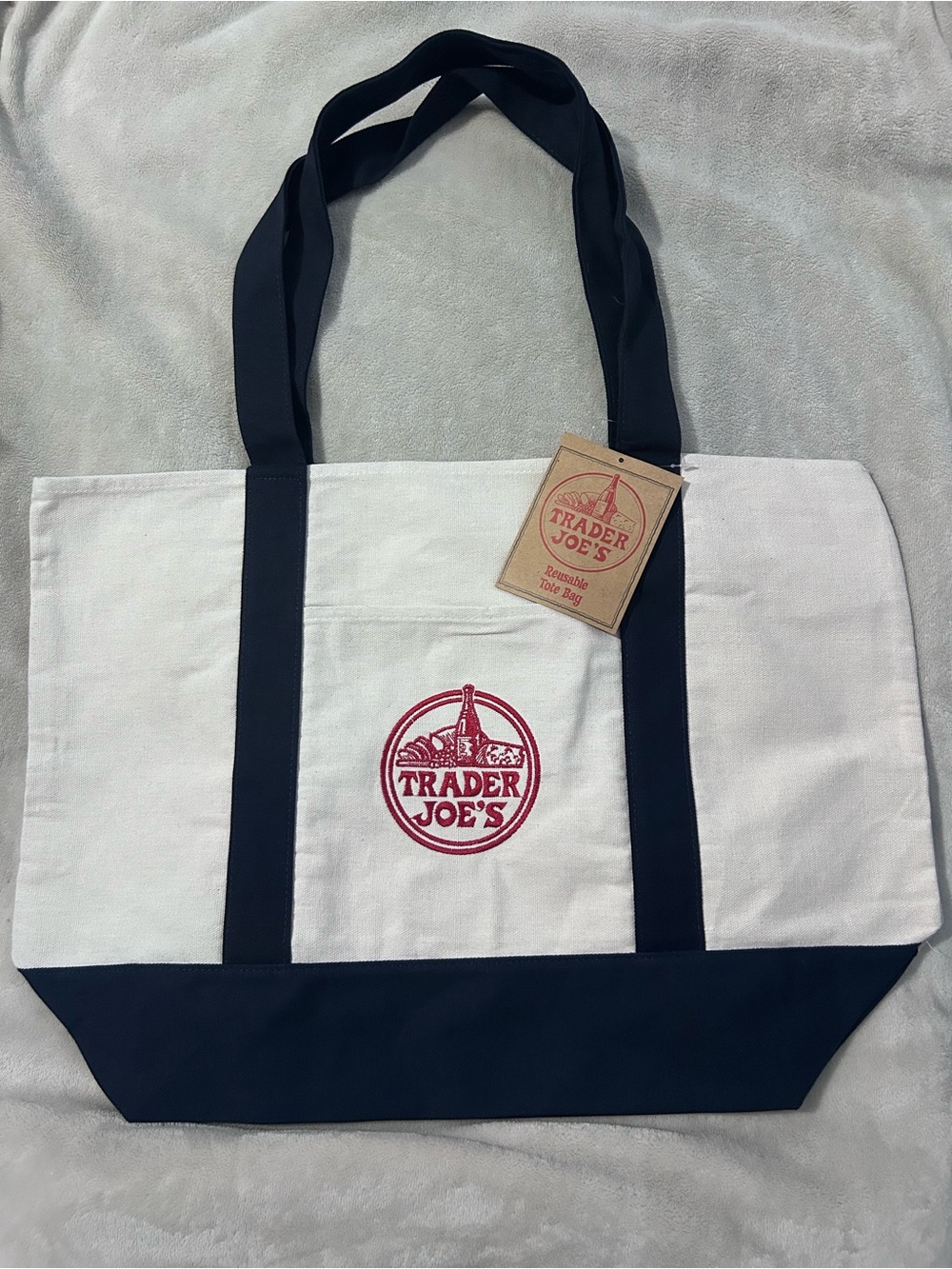 Trader Joe's White and Navy Canvas Tote Bag with Logo